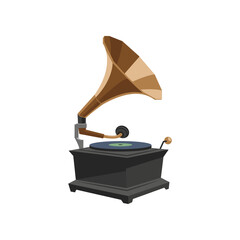 Old-fashioned music player cartoon illustration. Vintage gramophone, old device for listening to jazz or classic music and vinyl records isolated on white background. Entertainment, media concept
