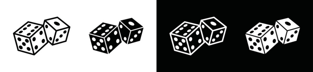 Dices icon vector. Pair of dice for gambling in the casino icon. Dices in flat and outline style with two variation on black and white background, symbol illustration