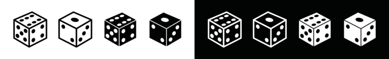 Dices icon vector. Pair of dice for gambling in the casino icon. Dices in flat and outline style with two variation on black and white background, symbol illustration