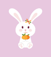 Happy new year. Pastel sweet, cute rabbit holding mandarin orange. Paint brush flat style. character mascot cartoon illustration.