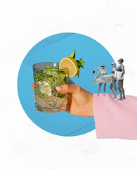 Summer beach party. Contemporary art collage. Female hand with mojito cocktail over light background with blue circle shape. Party, fun, surrealism, drinks and cocktails