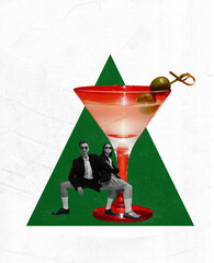 Contemporary art collage. Stylish man and woman near giant cocktail glass over light abstract background with geomertic colorful shape. Party, fun, nightclub, drinks and cocktails
