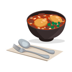  Israeli national food. Hamin. Cholite. Ragout of meat, potatoes, vegetables and eggs. Vector graphic.	
