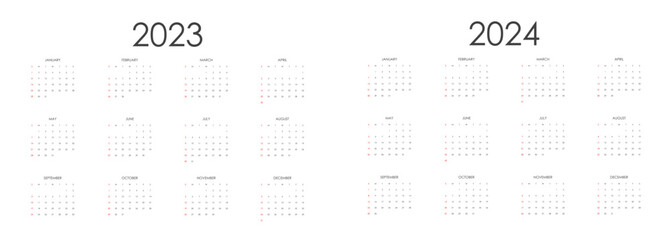 Monthly calendar template for 2023 and 2024 years. Week Starts on Sunday. Wall calendar in a minimalist style.