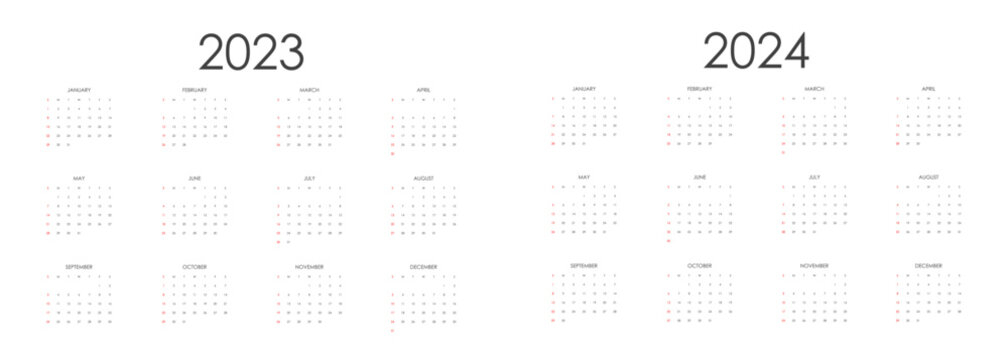 Monthly calendar template for 2023 and 2024 years. Week Starts on Sunday. Wall calendar in a minimalist style.