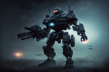 3d illustration of a night combat scene of a sci-fi mech standing in the fog in an attacking pose with assault gun on a dark background. Military attack aircraft robot with tank metal armor - obrazy, fototapety, plakaty