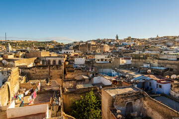Aerial panoramic view of historic downtown called medina at sunset, Fez, Morocco.