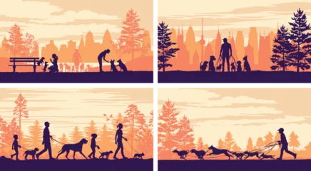 Fototapeten Man woman and children walk or run with  dog in the park forest or city vector landscape silhouette label collection © PrintingSociety
