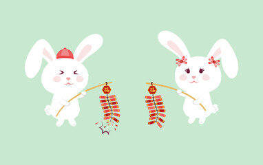Happy new year cute rabbit couple hold firecracker firework rod. Paint brush flat style illustration vector. Asian culture.