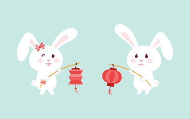 Obraz na płótnie Canvas Cute male female rabbit holding lantern. Paint brush flat style illustration vector. Asia culture lantern festival, mooncake festival.