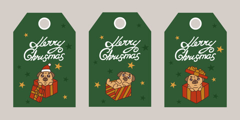 Christmas gift tags with handwritten calligraphy and cute pugs.