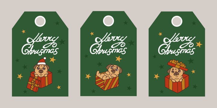 Christmas gift tags with handwritten calligraphy and cute pugs.