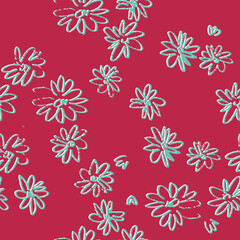 Seamless pattern with hand drawn flowers in Color of the year Viva Magenta for surface design and other design projects