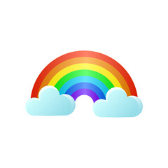 Cute thick rainbow arc with clouds sticker. Vector illustrations of childish colorful arc. Cartoon rainbow arc with clouds in sky isolated on white background. Weather, fairytale concept