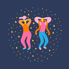 Vector hand drawn illustration with man and woman on New Year Party. Man and woman having fun at a Christmas party. Couple with sparklers and glasses celebrate holidays at a party