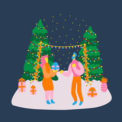 Vector hand drawn illustration with men and women celebrate New Year and Christmas. Man and woman having fun at a Christmas party. Christmas tree with a garland, gifts and group of funny people