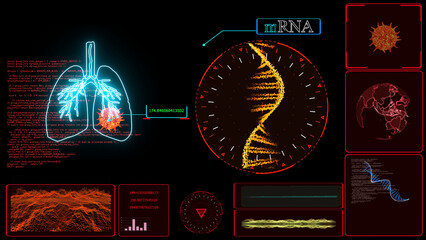 mRNA model on computer red monitor research and text analysis information