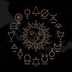 ASTROLOGY ELEMENTS zodiac horoscope thin line label linear design esoteric stylized elements symbols signs. Vector illustration icons