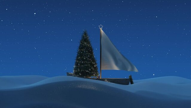 wooden sailboat with christmas tree and waving canvas over snowy landscape