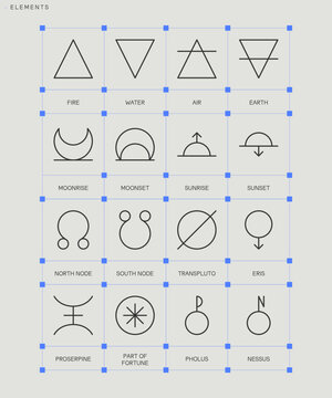 ASTROLOGY ELEMENTS zodiac horoscope thin line label linear design esoteric stylized elements symbols signs. Vector illustration icons