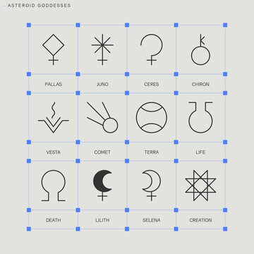 ASTEROID GODDESSES zodiac horoscope thin line label linear design esoteric stylized elements symbols signs. Vector illustration icons