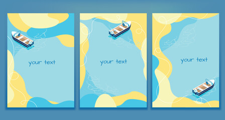 Isometric motorboat on the beach and sea with clear water. Set of abstract vector illustration of summer recreation and entertainment. Colorful image of summer fun.