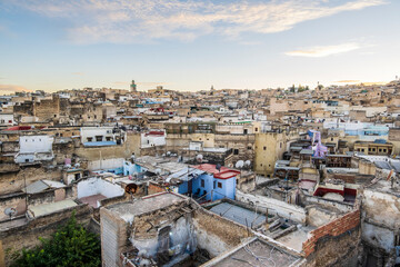 Aerial panoramic view of historic downtown called medina at sunset, Fez, Morocco.