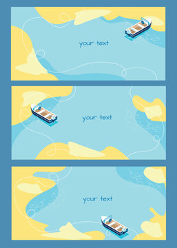 Isometric motorboat on the beach and sea with clear water. Set of abstract vector illustration of summer recreation and entertainment. Colorful image of summer fun.