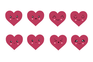 Kawaii hearts, a set of cute emoji icons. Hand-drawn emotional cartoon characters. Cute love characters with different faces, funny positive emotions.