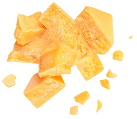 Flying Parmesan cheese pieces  isolated on white background. Hard mature cheese Parmigiano top view, flat lay. Pattern