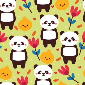 seamless pattern cartoon panda and flower. cute animal wallpaper for gift wrap paper