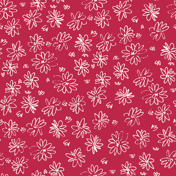 Seamless pattern with hand drawn flowers in Color of the year Viva Magenta for surface design and other design projects