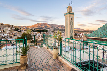 Famous al-Qarawiyyin mosque and University in heart of historic downtown of Fez, Morocco. - obrazy, fototapety, plakaty
