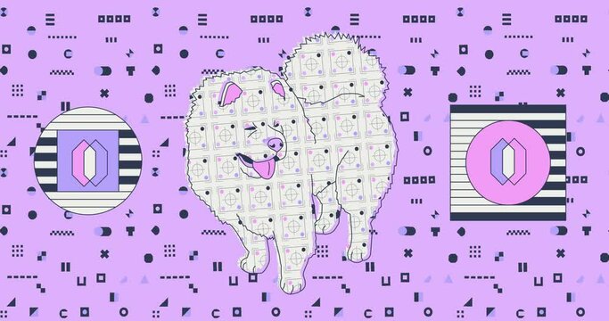 Fashion loop animation. Stylish dog and abstract geometry background
