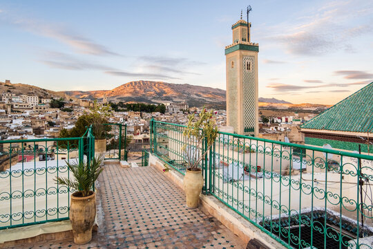 Famous al-Qarawiyyin mosque and University in heart of historic downtown of Fez, Morocco.