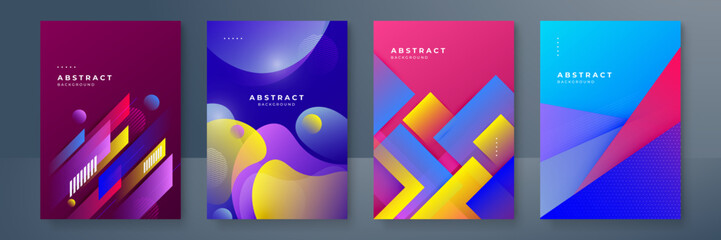 Fototapeta premium Colorful geometric poster with color geometrical shapes. Modern abstract promotional flyer background vector illustration set. Geometric template poster, brochure gradient pattern