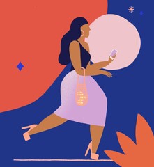 Femme marche smartphone, illustration, jpeg, rvb, sac crochet, talons, formes, feminin, feminine , soleil, planete , silhouette, plante, etoiles, 