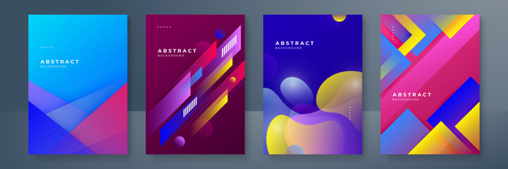Colorful geometric poster with color geometrical shapes. Modern abstract promotional flyer background vector illustration set. Geometric template poster, brochure gradient pattern