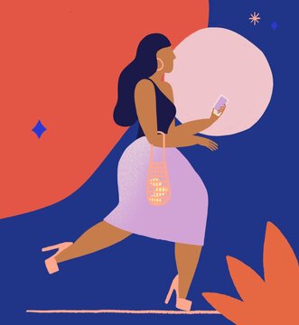 Femme marche smartphone, illustration, jpeg, rvb, sac crochet, talons, formes, feminin, feminine , soleil, planete , silhouette, plante, etoiles, 