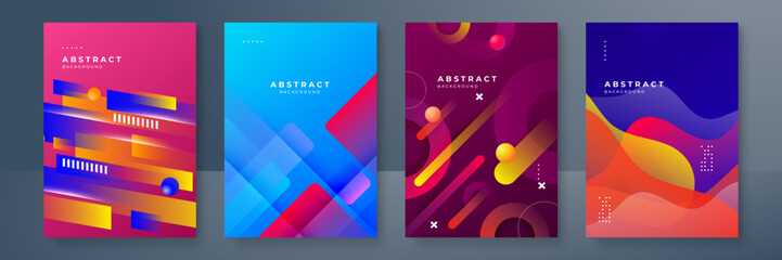Colorful geometric poster with color geometrical shapes. Modern abstract promotional flyer background vector illustration set. Geometric template poster, brochure gradient pattern