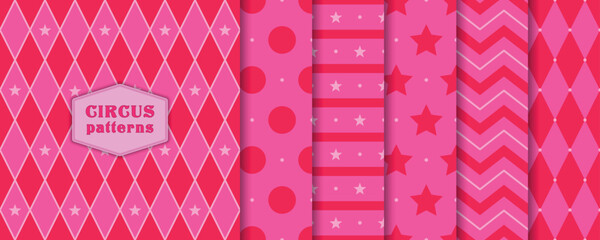 Set of seamless patterns with stars, stripes, zig zags, rhombuses and circles in pink and red colors. Vector collection © olha_oleskova