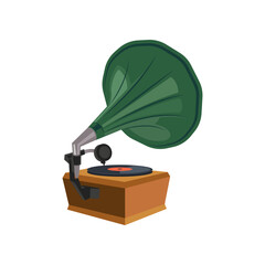 Back view of old gramophone cartoon illustration. Vintage music player, old-fashioned device for listening to jazz or classic music and vinyl records on white background. Entertainment, media concept