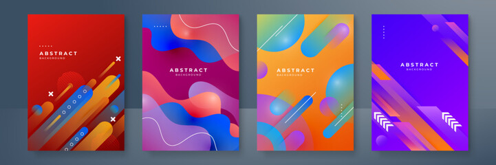 Colorful geometric poster with color geometrical shapes. Modern abstract promotional flyer background vector illustration set. Geometric template poster, brochure gradient pattern