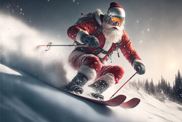 Santa Claus skiing and jumping on the slope. Generative AI fictional person illustration