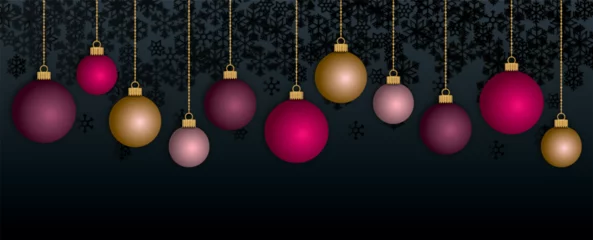 Poster Merry Christmas banner with coloured Christmas balls on dark background © Ester