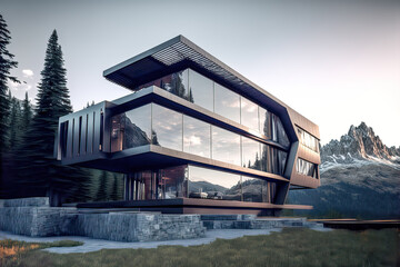 Fototapeta premium Architektur Konzept Brainstorming Skizze moderne Bauform der Zukunft eines Haus oder Bauwerk mit viel Glas Digital Art Hintergrund Backdrop mit Generative AI erstellt