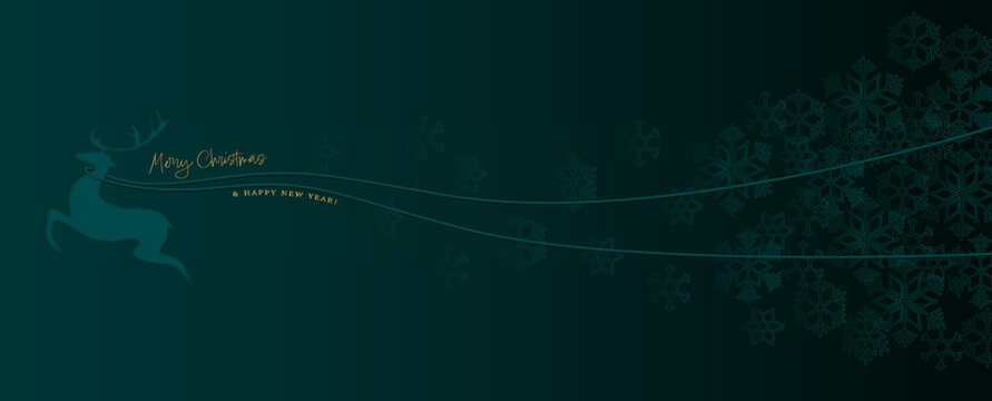 Merry Christmas banner with reindeer and snowflakes on dark background