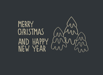 Fototapeta na wymiar Merry Christmas greeting card, holiday illustration. Hand lettering, ornamental Christmas trees like gold