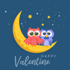 Happy Valentine. Card  Valentine's Day with owls sitting on the moon at night
