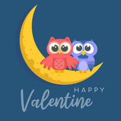 Happy Valentine. Card  Valentine's Day with owls sitting on the moon at night